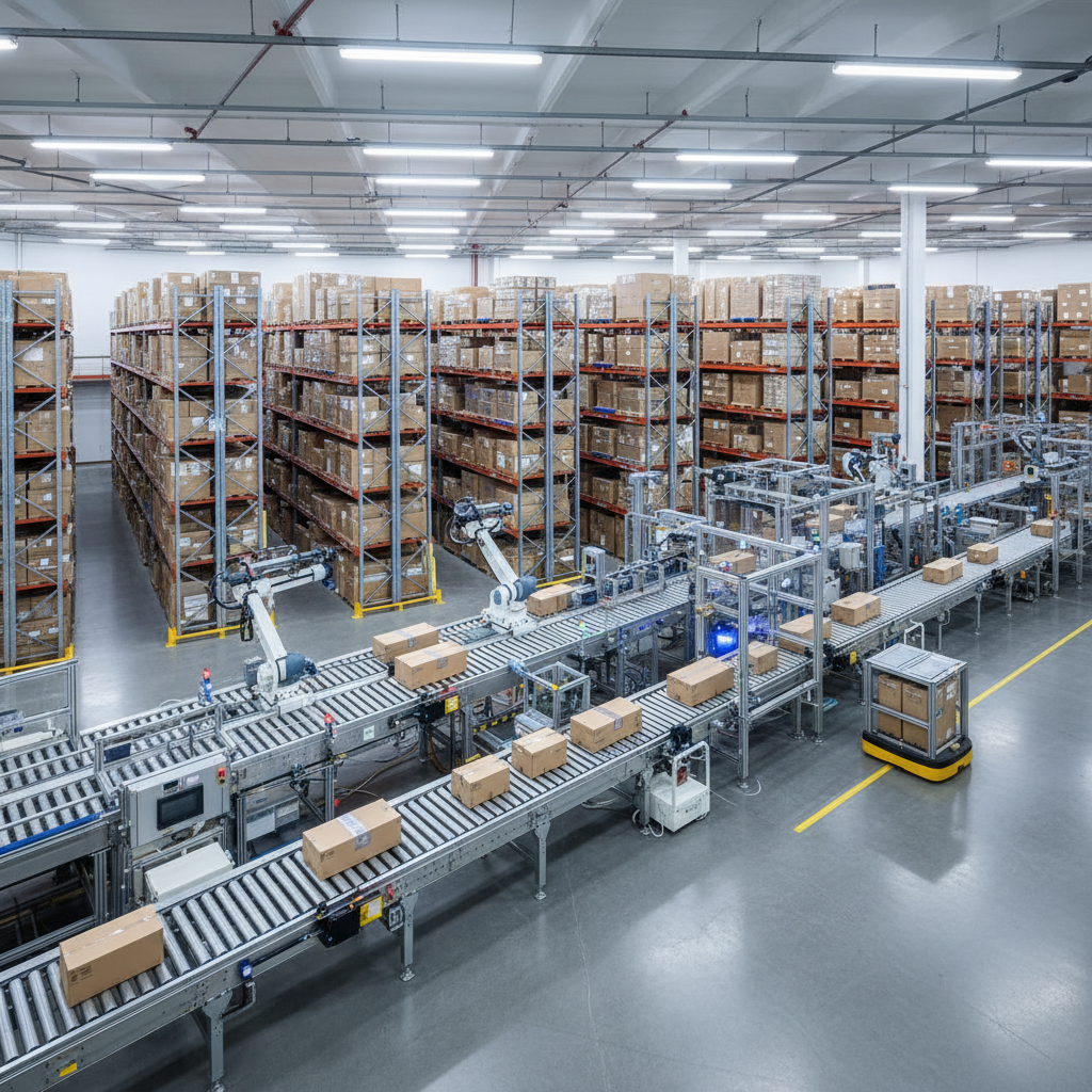 Modern warehouse with organized shelving and inventory management representing supply chain and procurement operations