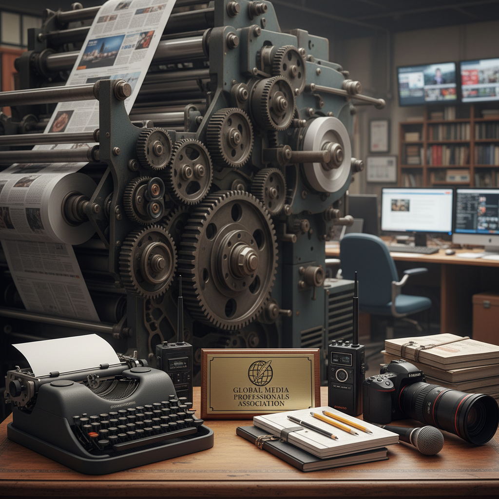 Newspaper printing press and journalism equipment representing media professional association