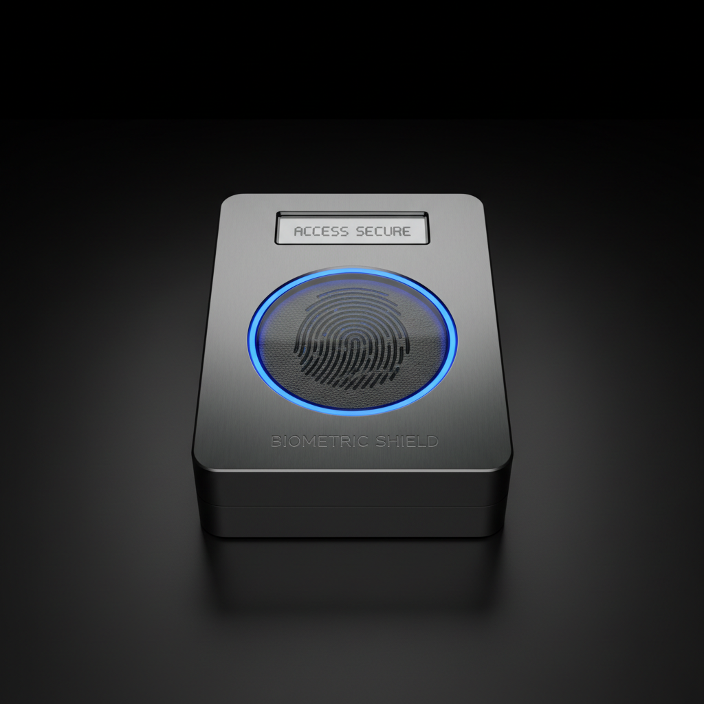 Digital security fingerprint biometric scanner with blue light representing secure identity verification system