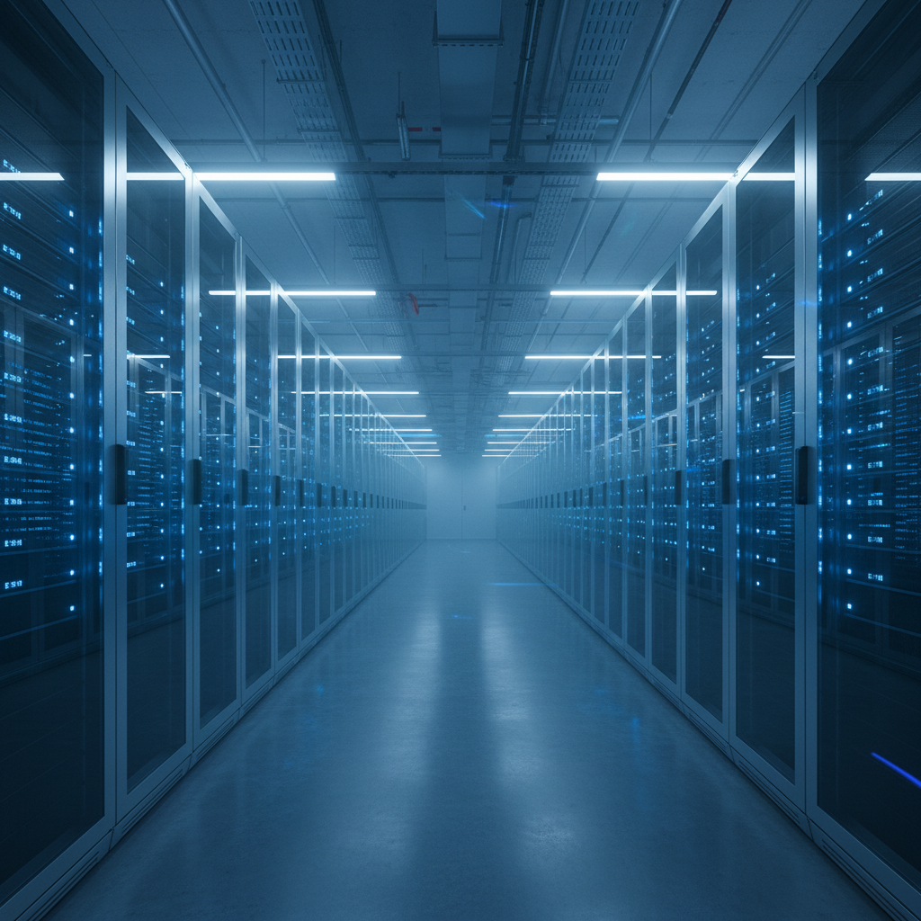 Modern data center with server racks and blue lighting