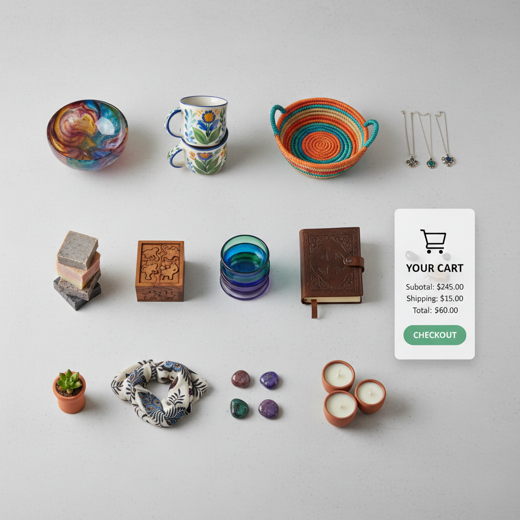 Online shopping e-commerce store with colorful product displays and digital marketplace interface