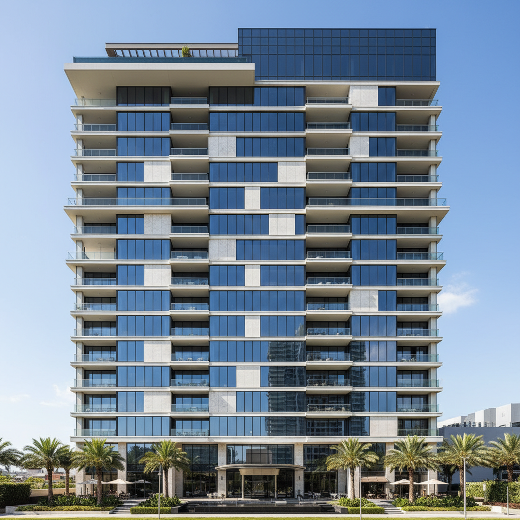Modern luxury apartment building exterior with glass facade representing real estate property management