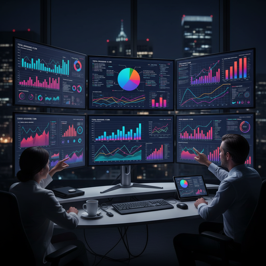Enterprise business analytics dashboard with financial charts, graphs and data visualization on multiple screens