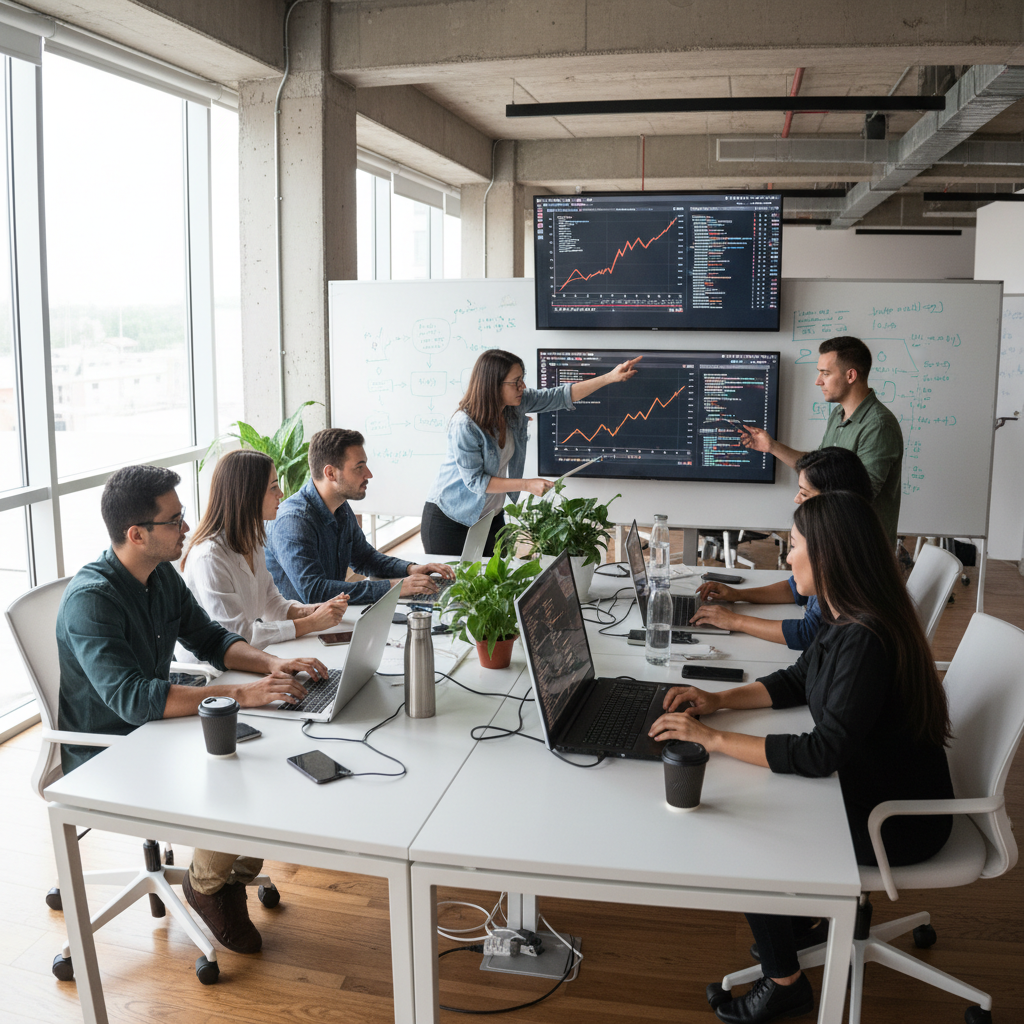 Diverse team of professionals in a modern office collaborating representing human resources and workforce management