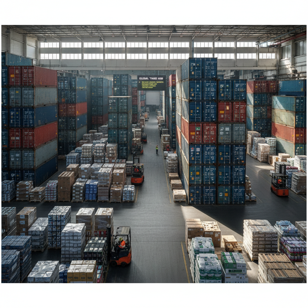 Large warehouse with organized inventory shelves representing regional trading and supply chain operations